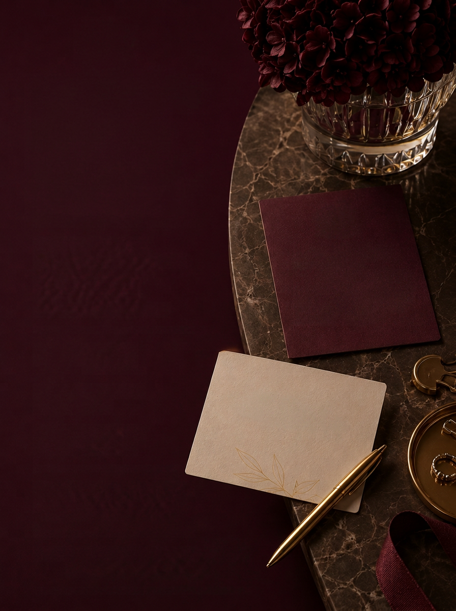 Burgundy hydrangeas, marble table, notebook and gold pen