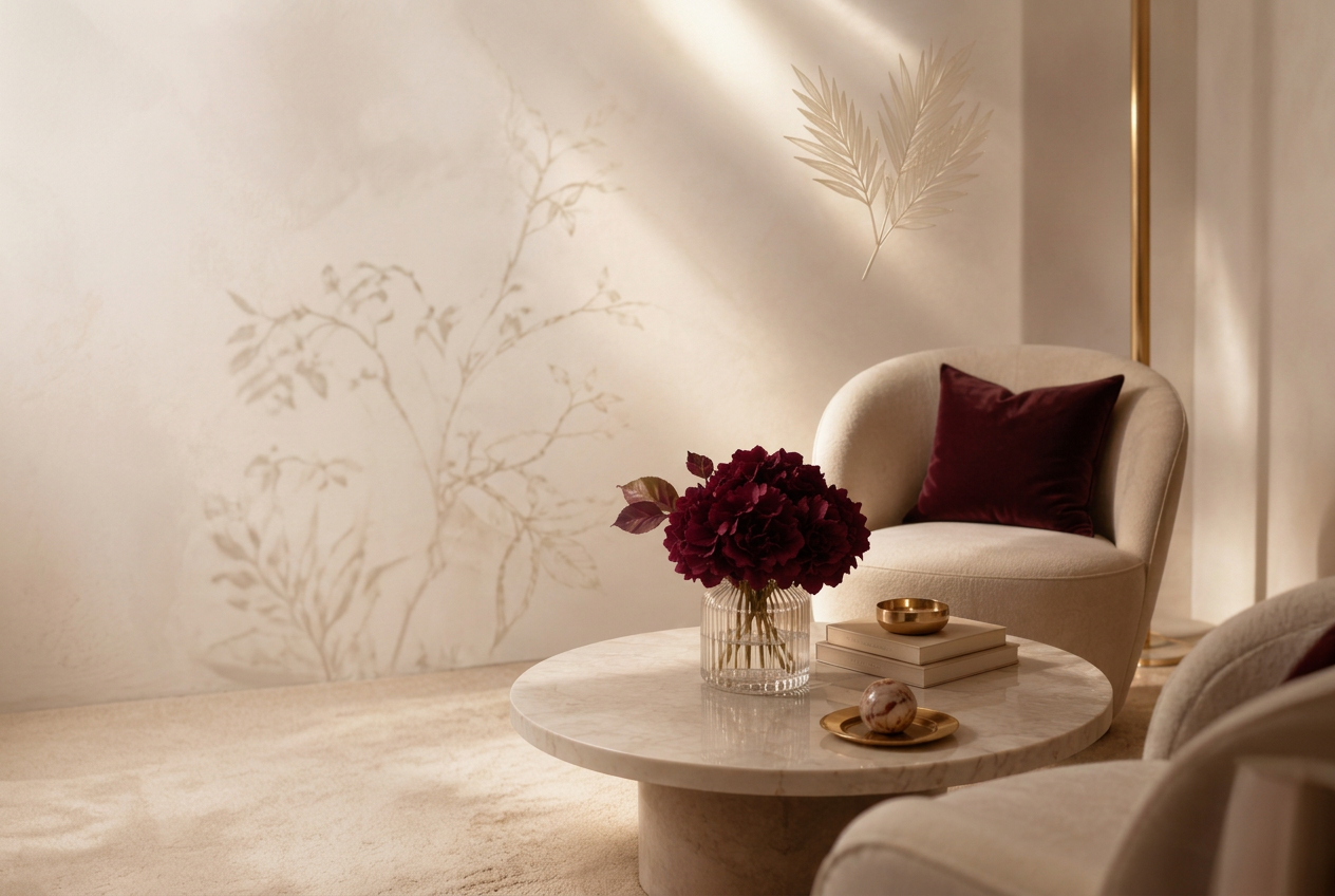 Quiet luxury salon lounge with marble table and burgundy florals